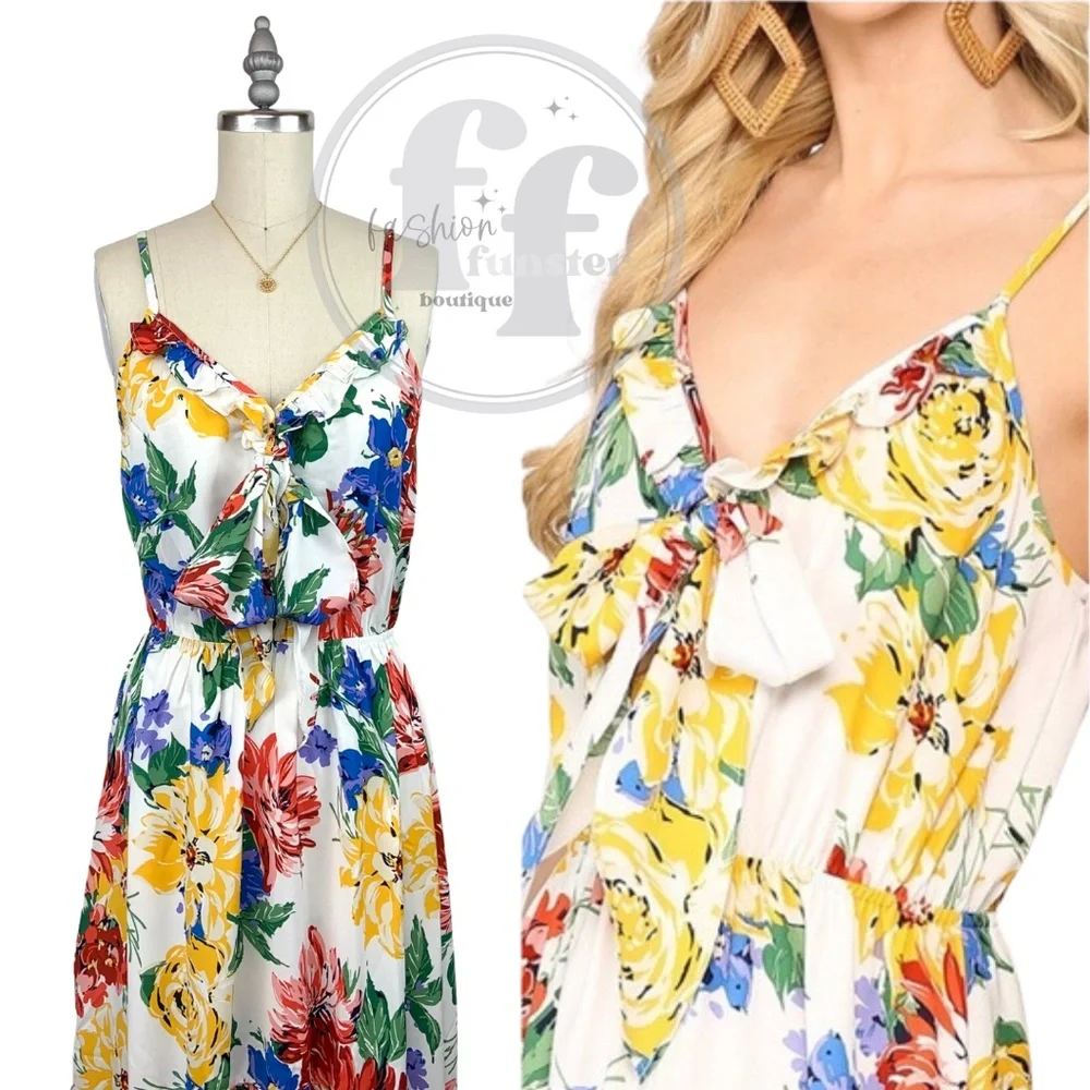 Gigio Rainbow Pop Art Floral Print Ruffle Bow Scarf Bodice High Low Maxi Dress - Picture 9 of 9